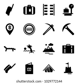 Solid vector icon set - suitcase vector, plane seats, baggage scales, dollar pin, customs road sign, job, rock axe, lounger, palm, mountains, passport, tent, sand castle