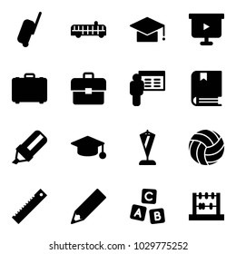 Solid vector icon set - suitcase vector, airport bus, graduate hat, presentation board, case, portfolio, book, highlight marker, pennant, volleyball, ruler, pencil, abc cube, abacus