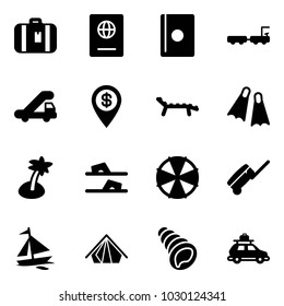 Solid vector icon set - suitcase vector, passport, baggage truck, trap, dollar pin, lounger, flippers, palm, flip flops, parasol, sail boat, tent, shell, car