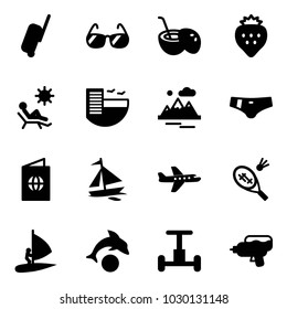 Solid vector icon set - suitcase vector, sunglasses, coconut cocktail, strawberry, beach, hotel, mountains, swimsuit, passport, sail boat, plane, badminton, windsurfing, dolphin, gyroscope