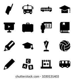 Solid vector icon set - suitcase vector, airport bus, graduate hat, presentation board, case, book, highlight marker, pennant, volleyball, pencil, abc cube, abacus, toy