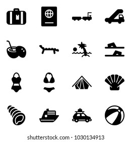 Solid vector icon set - suitcase vector, passport, baggage truck, trap, coconut cocktail, lounger, palm, flip flops, swimsuit, tent, shell, cruiser, car, beach ball