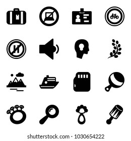 Solid vector icon set - suitcase vector, no computer sign, identity, bike road, parking even, low volume, head bulb, golden branch, mountains, cruiser, micro flash card, beanbag