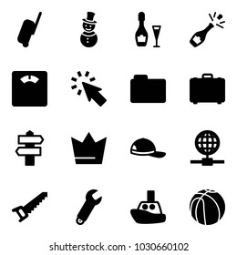 Solid vector icon set - suitcase vector, snowman, wine, champagne, floor scales, cursor, folder, case, signpost, crown, cap, globe, saw, wrench, toy boat, basketball