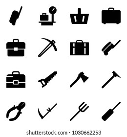 Solid vector icon set - suitcase vector, baggage scales, basket, case, portfolio, job, saw, axe, mason hammer, side cutters, scythe, farm fork, awl