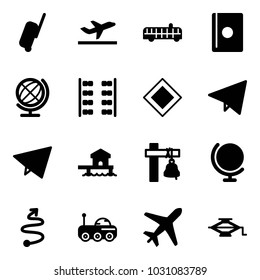 Solid vector icon set - suitcase vector, departure, airport bus, passport, globe, plane seats, main road sign, paper fly, bungalow, ship bell, trip, moon rover, jack