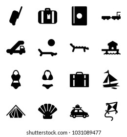 Solid vector icon set - suitcase vector, passport, baggage truck, trap, lounger, bungalow, swimsuit, sail boat, tent, shell, car, kite