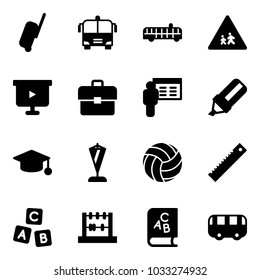 Solid vector icon set - suitcase vector, airport bus, children road sign, presentation board, portfolio, highlight marker, graduate hat, pennant, volleyball, ruler, abc cube, abacus, book, toy
