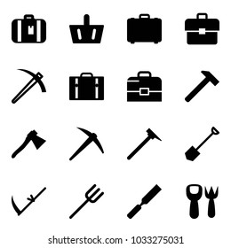 Solid vector icon set - suitcase vector, basket, case, portfolio, job, hammer, axe, mason, shovel, scythe, farm fork, rasp, toy