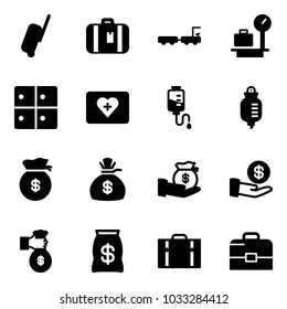 Solid vector icon set - suitcase vector, baggage truck, scales, room, first aid kit, drop counter, money bag, investment, rich, case