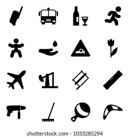 Solid vector icon set - suitcase vector, airport bus, wine, run, gymnastics, drop hand, car crash road sign, tulip, plane, oil derrick, bucksaw, level, drill machine, rake, beanbag, boomerang