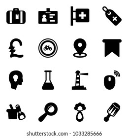 Solid vector icon set - suitcase vector, identity, first aid room, medical label, pound, no bike road sign, map pin, flag, head bulb, flask, lighthouse, mouse wireless, shovel bucket, beanbag