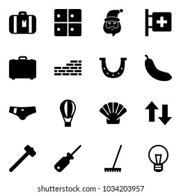 Solid vector icon set - suitcase vector, baggage room, santa claus, first aid, case, brick wall, luck, banana, swimsuit, air balloon, shell, up down arrows, sledgehammer, screwdriver, rake, bulb