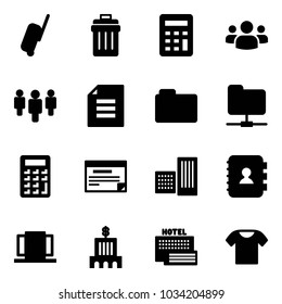 Solid vector icon set - suitcase vector, trash bin, calculator, group, document, folder, network, schedule, building, contact book, doors, bank, sea hotel, t shirt