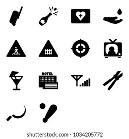 Solid vector icon set - suitcase vector, champagne, first aid kit, drop hand, pedestrian road sign, railway intersection, target, tv news, drink, sea hotel, fine signal, bolt cutter, sickle