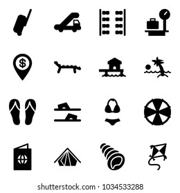Solid vector icon set - suitcase vector, trap truck, plane seats, baggage scales, dollar pin, lounger, bungalow, palm, flip flops, swimsuit, parasol, passport, tent, shell, kite