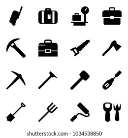 Solid vector icon set - suitcase vector, baggage scales, portfolio, rock axe, case, saw, mason hammer, rubber, chisel, shovel, farm fork, paint roller, toy