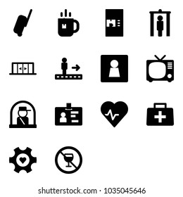 Solid vector icon set - suitcase vector, tea, coffee machine, metal detector gate, automatic doors, travolator, female wc, tv, officer window, identity, heart pulse, doctor bag, gear
