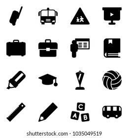 Solid vector icon set - suitcase vector, airport bus, children road sign, presentation board, case, portfolio, book, highlight marker, graduate hat, pennant, volleyball, ruler, pencil, abc cube, toy