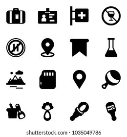 Solid vector icon set - suitcase vector, identity, first aid room, no alcohol sign, parking even road, map pin, flag, flask, mountains, micro flash card, navigation, beanbag, shovel bucket