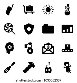 Solid vector icon set - suitcase vector, baggage, sun, snowman, lollipop, folder, statistics, brain work, rich, mail dollar, conveyor, chisel, screw, yoyo, doll