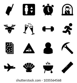 Solid vector icon set - suitcase vector, elevator, alarm clock, officer window, christmas deer, wine glasses, barbell, run, breads, car crash road sign, user, rock axe, plane, shell, grill, level