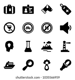 Solid vector icon set - suitcase vector, identity, dog, medical label, no alcohol sign, bike road, parking even, low volume, head bulb, flask, mountains, lighthouse, cruiser, beanbag