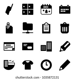 Solid vector icon set - suitcase vector, baggage room, christmas calendar, schedule, attachment, network folder, clipboard, trash bin, envelope, building, highlight marker, hotel, t shirt, clock
