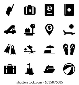 Solid vector icon set - suitcase vector, passport, trap truck, baggage scales, dollar pin, lounger, flippers, palm, inflatable pool, flip flops, sand castle, cruiser, beach ball