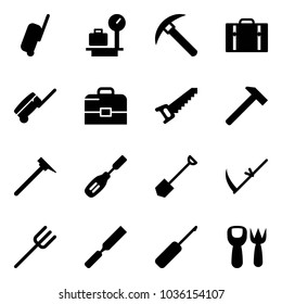 Solid vector icon set - suitcase vector, baggage scales, rock axe, case, saw, hammer, mason, chisel, shovel, scythe, farm fork, rasp, awl, toy