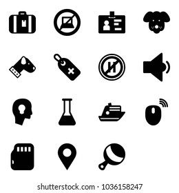 Solid vector icon set - suitcase vector, no computer sign, identity, dog, medical label, parking even road, low volume, head bulb, flask, cruiser, mouse wireless, micro flash card, navigation pin