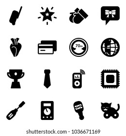 Solid vector icon set - suitcase vector, christmas star, gloves, bow message, heart, credit card, limited distance road sign, globe, cup, tie, music player, cpu, chisel, multimeter, beanbag, toy cat