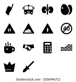 Solid vector icon set - suitcase vector, airport bus, kidneys, eggs, oncoming traffic road sign, steep descent, intersection, end speed limit, hot tea, agreement, calculator, brick wall, crown