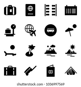 Solid vector icon set - suitcase vector, passport, plane seats, schedule, baggage scales, globe, bus road sign, beach, lounger, palm, mountains, pyramid, tent