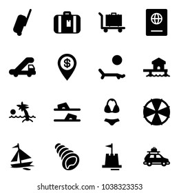 Solid vector icon set - suitcase vector, baggage, passport, trap truck, dollar pin, lounger, bungalow, palm, flip flops, swimsuit, parasol, sail boat, shell, sand castle, car