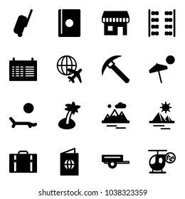 Solid vector icon set - suitcase vector, passport, duty free, plane seats, schedule, globe, rock axe, beach, lounger, palm, mountains, pyramid, trailer, helicopter toy
