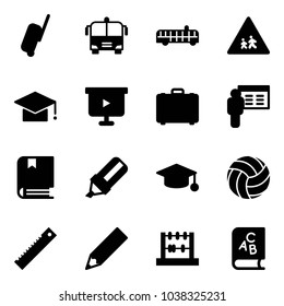 Solid vector icon set - suitcase vector, airport bus, children road sign, graduate hat, presentation board, case, book, highlight marker, volleyball, ruler, pencil, abacus, abc