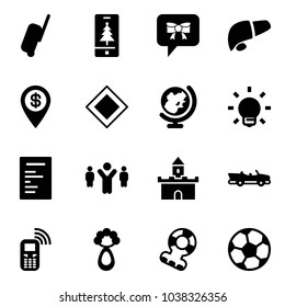 Solid vector icon set - suitcase vector, christmas mobile, bow message, liver, dollar pin, main road sign, globe, bulb, document, team leader, sand fort, cabrio, phone, beanbag, teethers