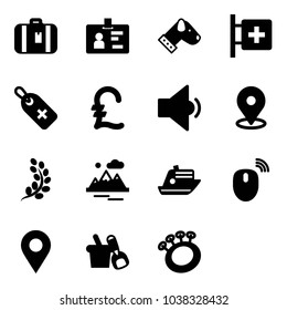 Solid vector icon set - suitcase vector, identity, dog, first aid room, medical label, pound, low volume, map pin, golden branch, mountains, cruiser, mouse wireless, navigation, shovel bucket
