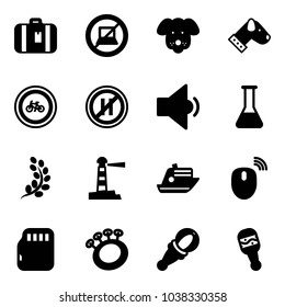 Solid vector icon set - suitcase vector, no computer sign, dog, bike road, parking even, low volume, flask, golden branch, lighthouse, cruiser, mouse wireless, micro flash card, beanbag