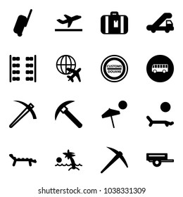 Solid vector icon set - suitcase vector, departure, trap truck, plane seats, globe, customs road sign, bus, job, rock axe, beach, lounger, palm, trailer