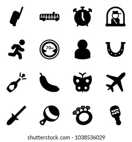 Solid vector icon set - suitcase vector, airport bus, alarm clock, officer window, run, limited distance road sign, user, luck, fizz opening, banana, butterfly, plane, clinch, beanbag