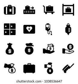Solid vector icon set - suitcase vector, baggage, room, first aid kit, drop counter, money bag, investment, encashment, case, rich