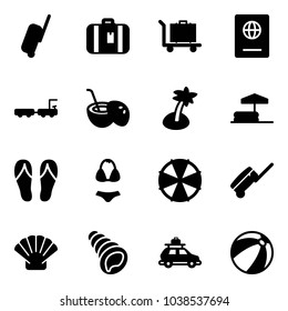 Solid vector icon set - suitcase vector, baggage, passport, truck, coconut cocktail, palm, inflatable pool, flip flops, swimsuit, parasol, shell, car, beach ball