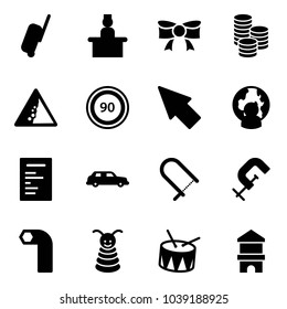 Solid vector icon set - suitcase vector, recieptionist, bow, coin, landslide road sign, speed limit 90, cursor, man globe, document, limousine, fretsaw, clamp, allen key, pyramid toy, drum