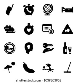 Solid vector icon set - suitcase vector, phone alarm, globe, hotel, santa sleigh, stopwatch heart, calendar, tractor way road sign, no trailer, head bulb, key hand, wine, beach, banana, palm, rake
