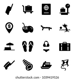 Solid vector icon set - suitcase vector, baggage, passport, scales, dollar pin, coconut cocktail, lounger, palm, inflatable pool, flip flops, swimsuit, shell, cruiser, kite