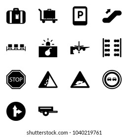 Solid vector icon set - suitcase vector, baggage, parking sign, escalator up, waiting area, terrorism, boarding passengers, plane seats, stop road, landslide, climb, no overtake, only forward right