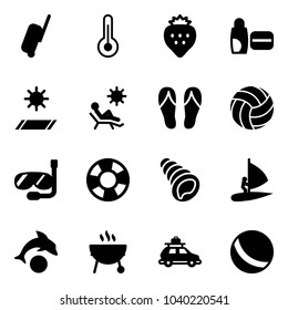 Solid vector icon set - suitcase vector, thermometer, strawberry, uv cream, mat, beach, flip flops, volleyball, diving, lifebuoy, shell, windsurfing, dolphin, grill, car baggage, ball