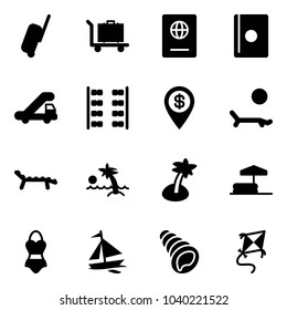 Solid vector icon set - suitcase vector, baggage, passport, trap truck, plane seats, dollar pin, lounger, palm, inflatable pool, swimsuit, sail boat, shell, kite